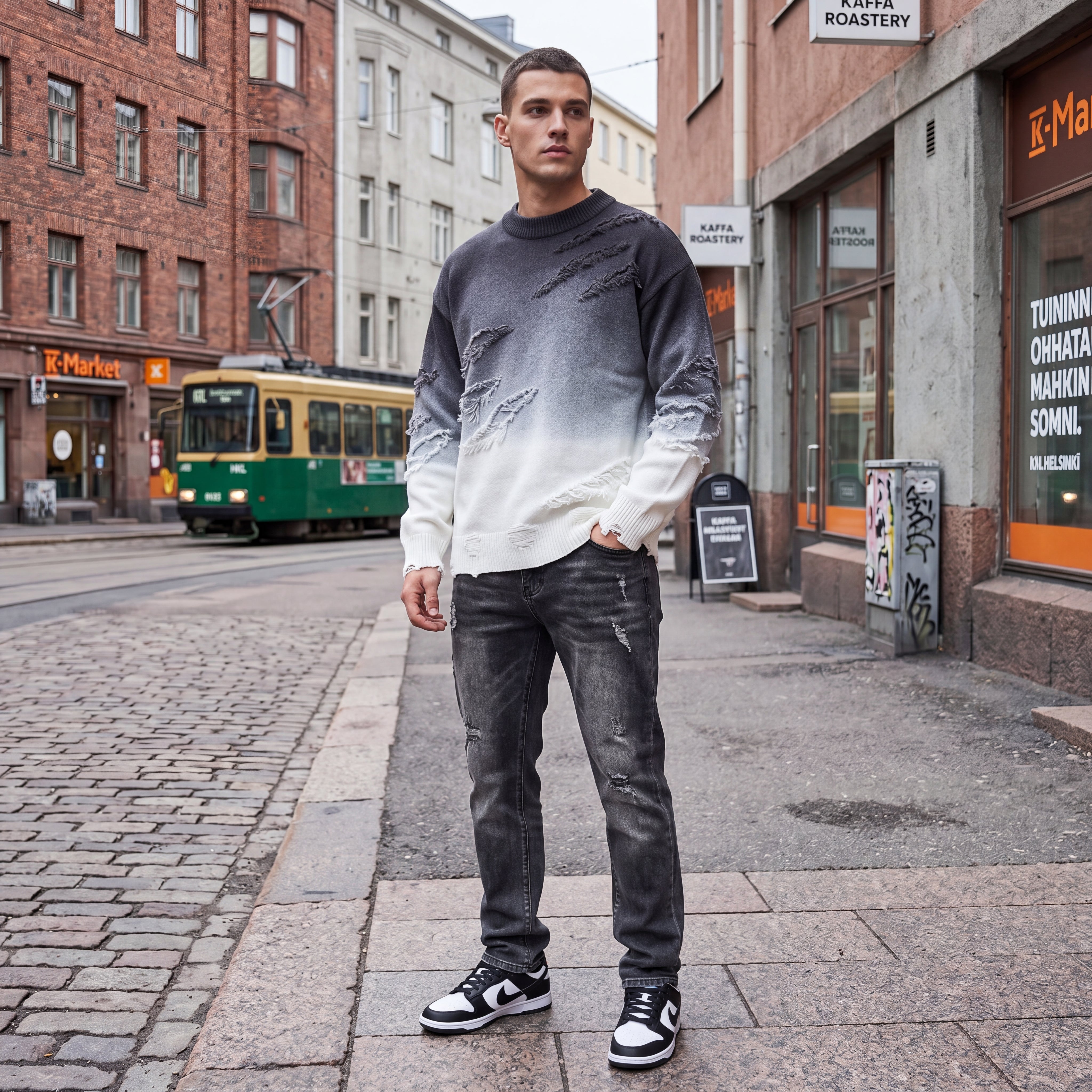 PRACTS Urban Verblasstes Distressed Rundhals-Sweatshirt