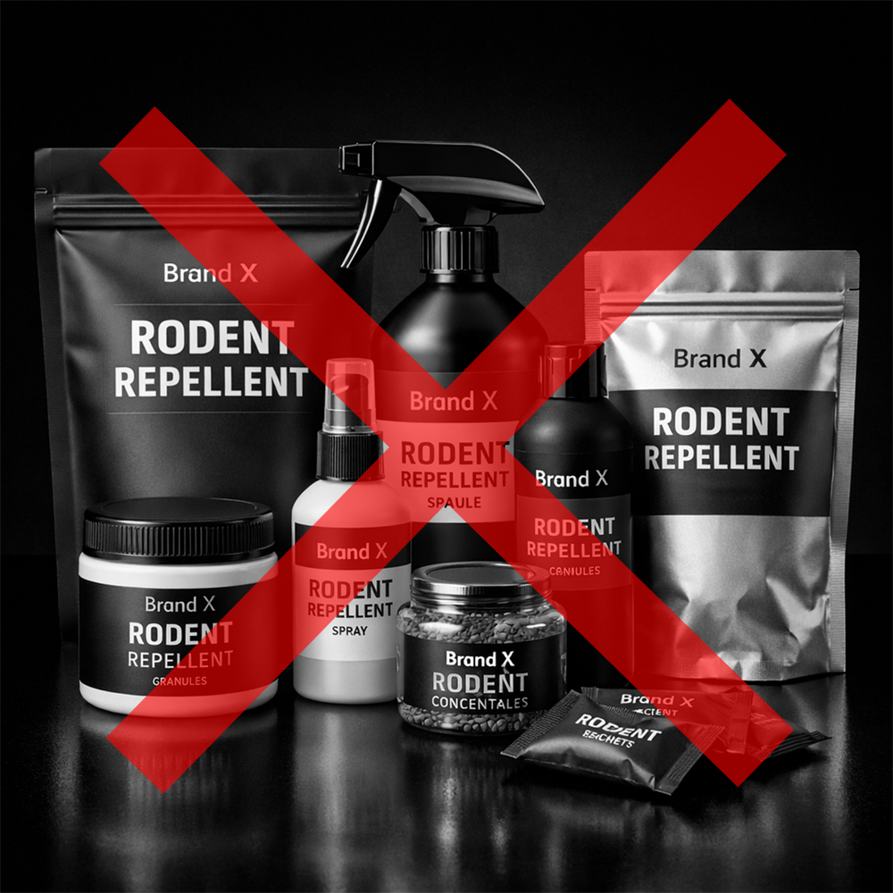 Generic rodent repellent products with red X overlays
