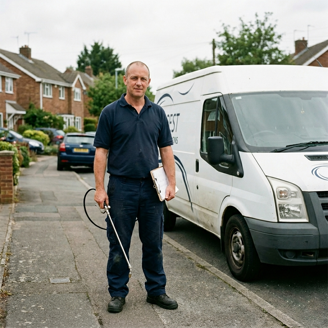 Professional exterminator standing beside a branded van